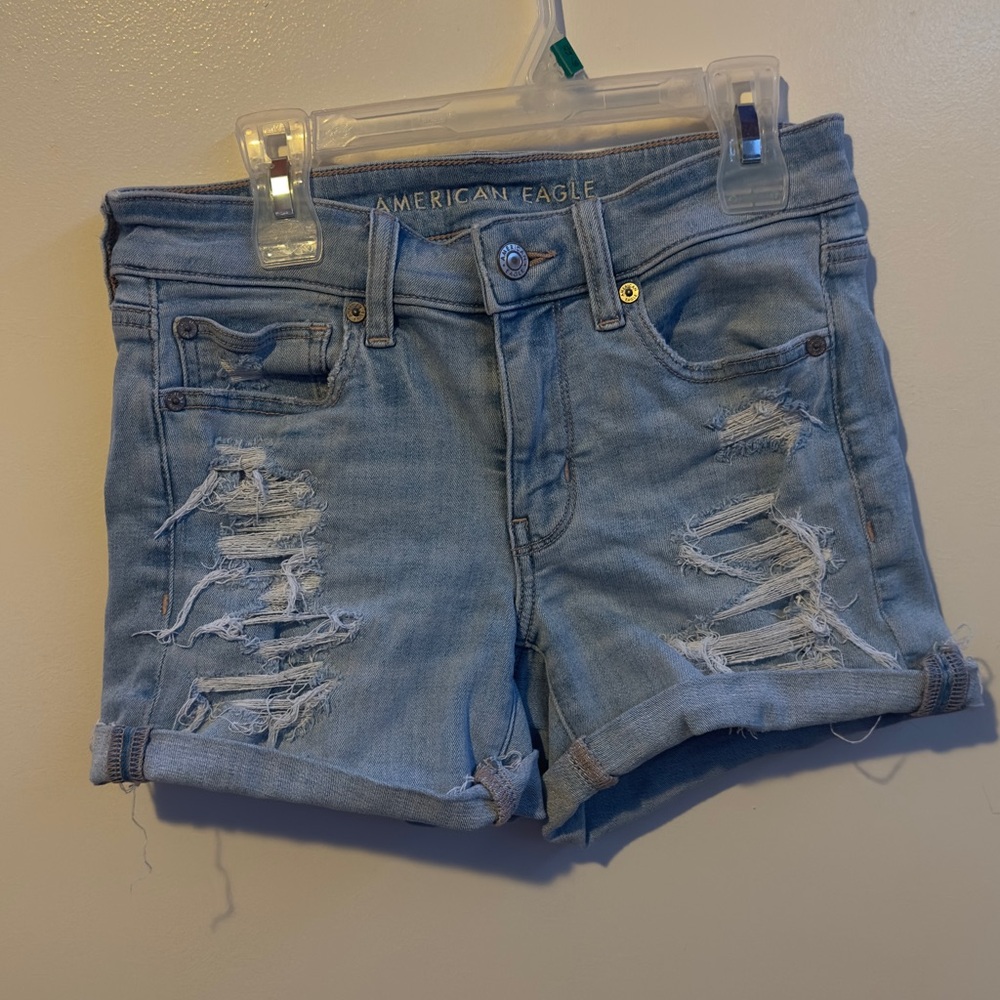 American Eagle Women’s Next Level Ripped High-Waisted Denim Short Shorts